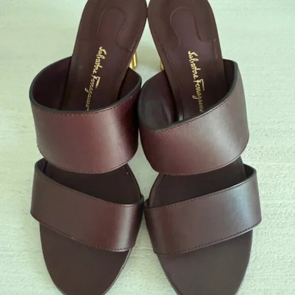 Salvatore Ferragamo Burgundy Sandals with Gold Heel - Picture 7 of 7